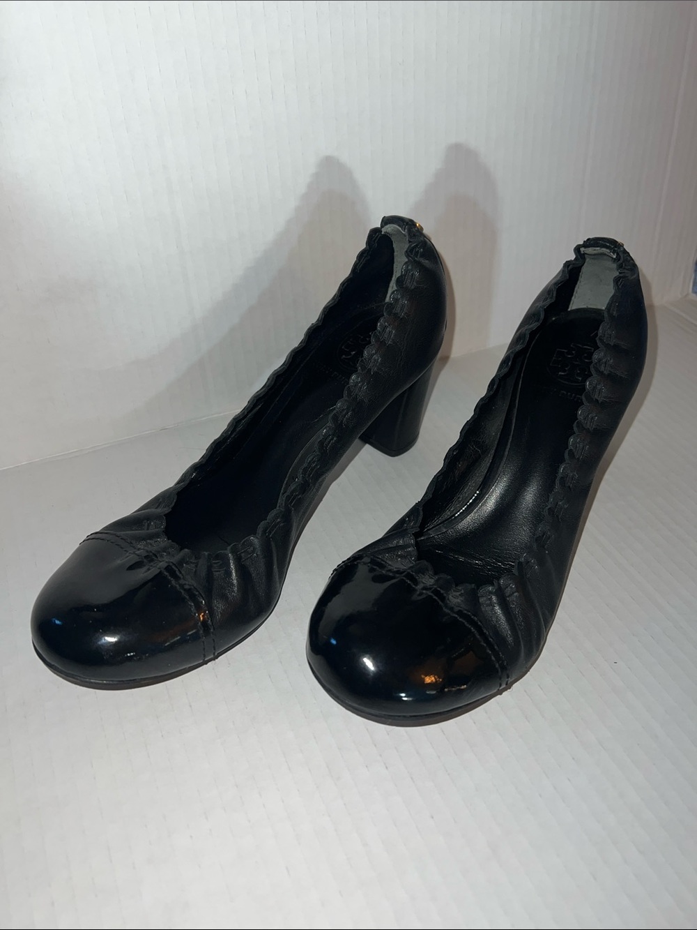 Tory Burch Black Ruched Leather Block Heel Pumps